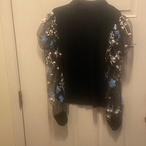 Black Top with Floral Embellished Sleeves